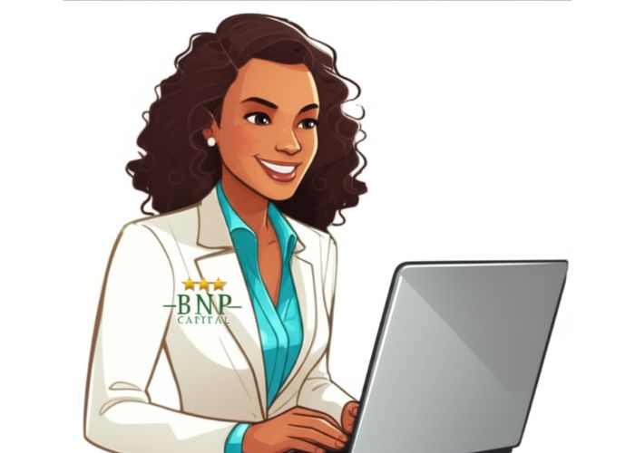 Uma consultora do BNP Capital trabalha em seu laptop. BNP Capital segurança, clareza e compromisso com o cliente